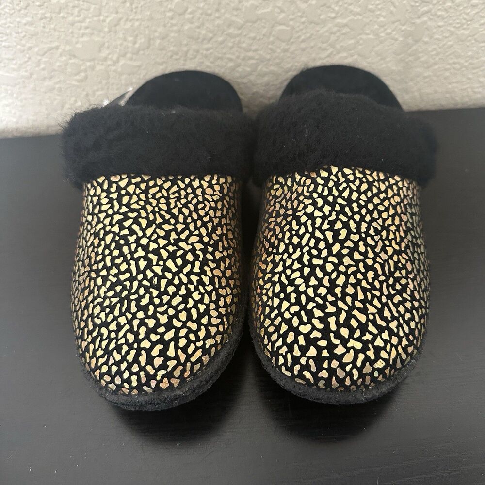 SOREL Nakiska Youth Girls Faux Fur Slippers Size 3 Black Gold Animal Print Warm